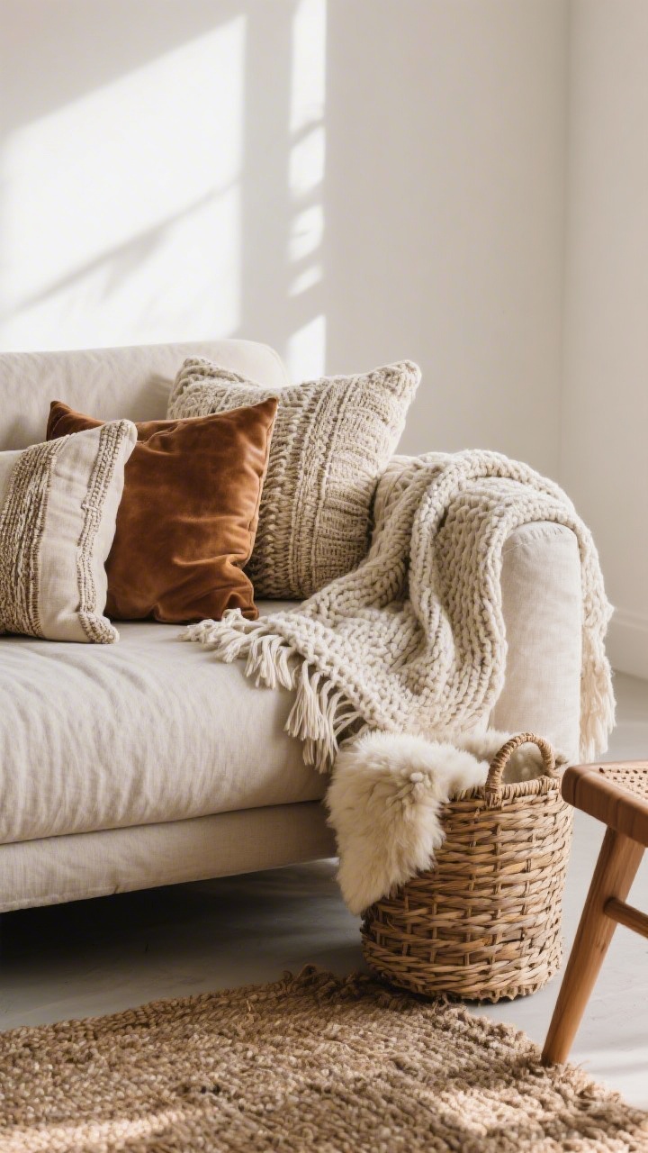 Closeup detail shot: a neutral linen sofa draped with a chunky knit throw over the arm, stacked fringe pillows in mixed weaves (linen, velvet, leather), a rattan basket beside the sofa, and a nubby jute rug underfoot; include a sheepskin casually tossed over a nearby wooden chair leg; soft natural daylight grazing the textures to emphasize rich tactile layers; boho, relaxed, no people.