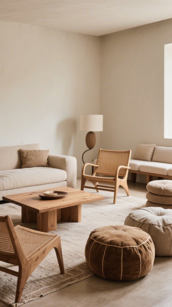 Corner-angle medium shot of a cozy, collected seating zone: a low-profile wood coffee table centered among a neutral sofa, a rattan lounge chair, and layered poufs/floor cushions; a curved-arm chair softening corners; an upholstered bench tucked nearby for extra seating; relaxed arrangement encouraging conversation; warm, even lighting.
