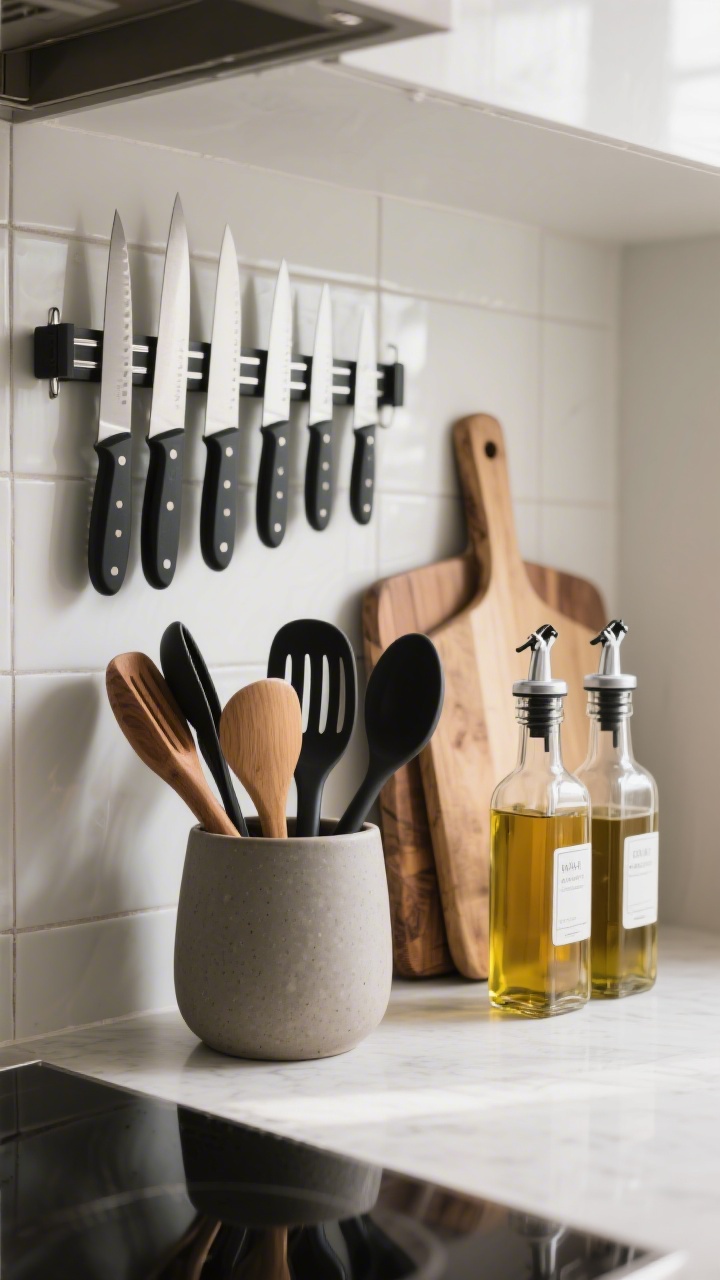 Detail closeup of attractive everyday tools on display: a matte stoneware utensil crock filled with a curated mix of wooden and black silicone utensils, a magnetic knife strip holding a neat row of chef’s knives like wall art, and layered wood cutting boards leaning against a subtle tile backsplash. Include a matching oil and vinegar set decanted into clear bottles with sleek pour spouts and minimalist labels. Side-lit natural light to highlight textures and grains.