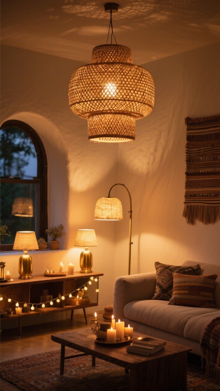 Evening medium shot focused on layered mood lighting: a woven rattan pendant as overhead statement casting warm patterns, an arched floor lamp by the sofa for task light, brass table lamps on a console, plus string lights and candles adding accent sparkle; warm bulbs at 2700–3000K creating a golden, inviting glow; cozy boho setting, no people.