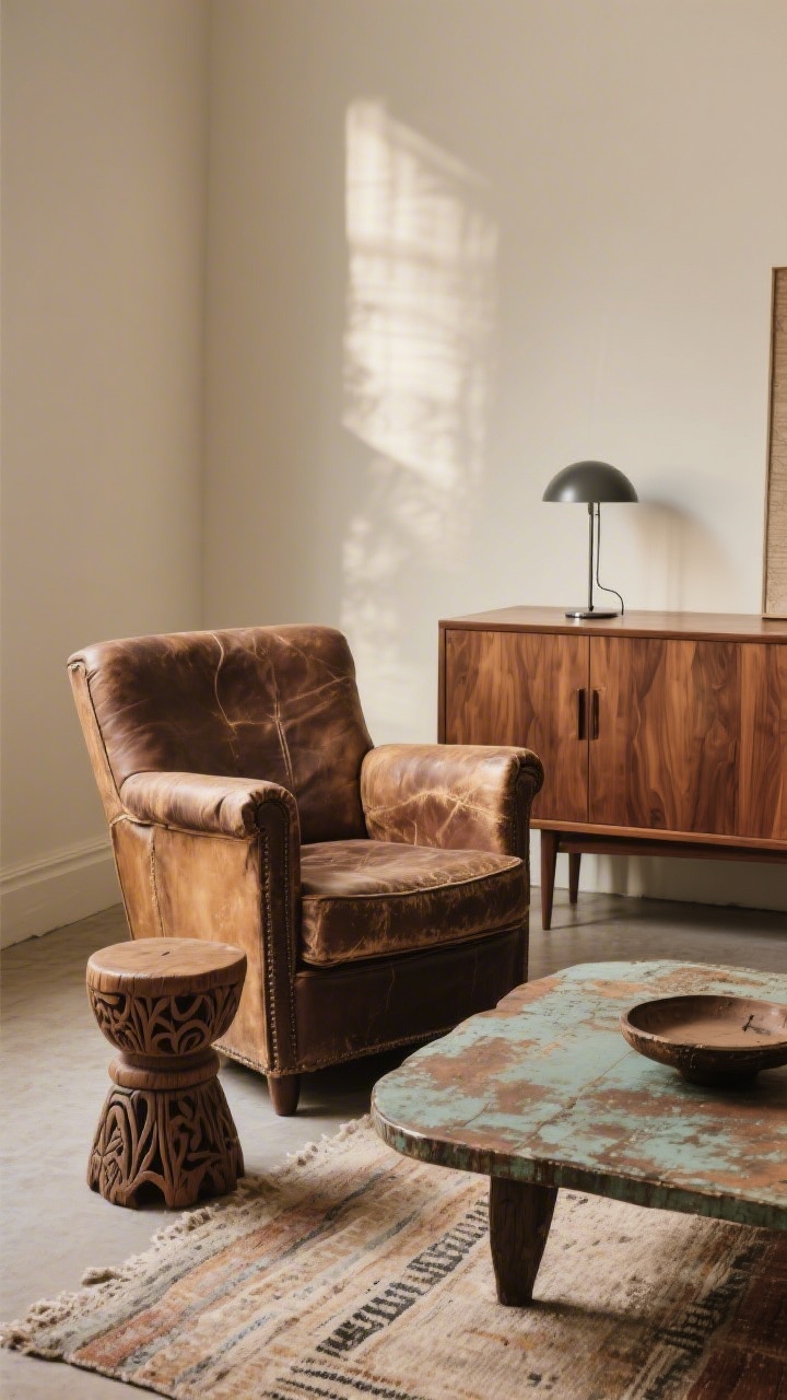 Medium shot of a boho vignette featuring vintage finds: a worn leather club chair paired with a mid-century teak credenza, a carved wooden stool used as a side table, and a vintage coffee table with patina; a sleek modern lamp perched on the credenza for a fresh contrast; warm, diffused lighting highlighting timeworn textures; subtle shadows, no people.
