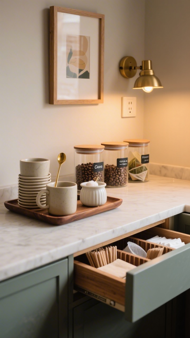 Medium shot of a cozy coffee/tea nook: a dedicated counter zone anchored by a walnut tray holding neatly stacked ceramic mugs, a brass spoon, and a sugar bowl; three clear glass canisters with labels for beans, pods, and tea sachets; a small framed artwork above and a compact plug-in brass sconce washing warm light over the setup. Include a drawer slightly open to reveal wooden dividers with stirrers, filters, and napkins. Soft 2700K ambient glow, inviting café vibe.