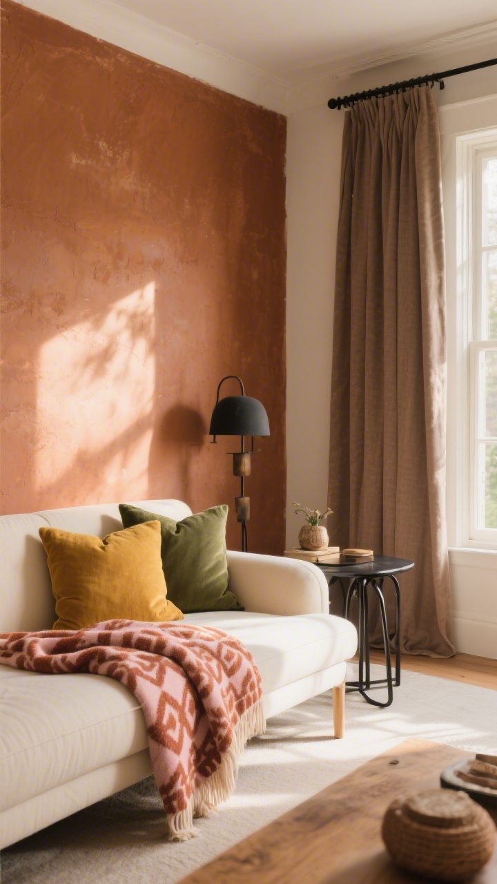 Medium shot of a sunlit living room corner styled in earthy, sun-soaked colors: clay-painted accent wall, cream sofa, olive and mustard throw pillows, a rust and blush patterned throw, toasted taupe curtains; black metal accents on a side table; warm afternoon light washing the scene for a cozy, collected vibe.