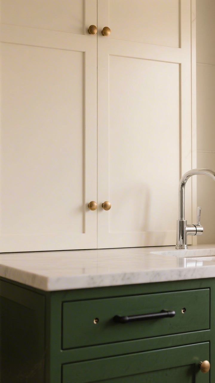 Medium shot of cabinet fronts showcasing a hardware swap: shaker-style cabinets with warm white uppers fitted with round brushed brass knobs and deep forest-green lowers fitted with slightly elongated matte black bar pulls. Include a close view of hole alignment on a drawer to imply using existing holes, subtle reflections on polished chrome faucet nearby for contrast, side-angle composition with warm 3000K lighting for a luxe, high-end feel.