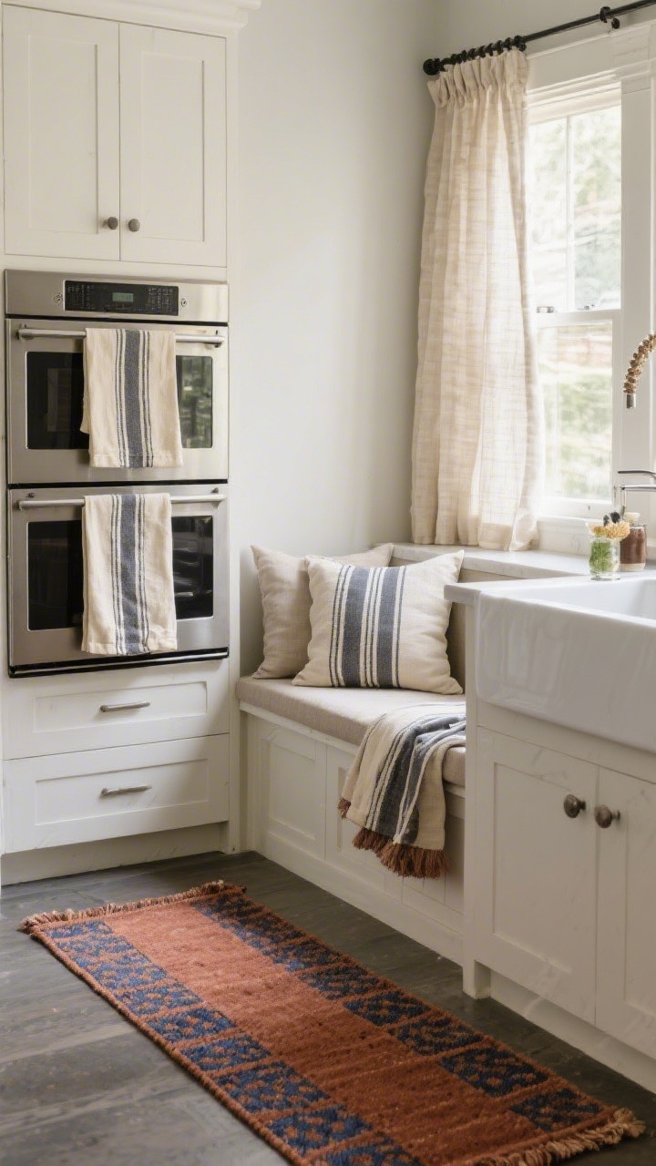 Medium shot of upgraded kitchen textiles: a washable low-pile runner in earthy rust and indigo pattern stretching in front of the sink, coordinated tea towels in cream and slate-gray stripes hanging on an oven handle, and seat cushions in performance linen on a breakfast nook bench. Add soft café curtains in natural linen filtering daylight. Gentle afternoon light, tactile focus on fabric weaves and comfort.