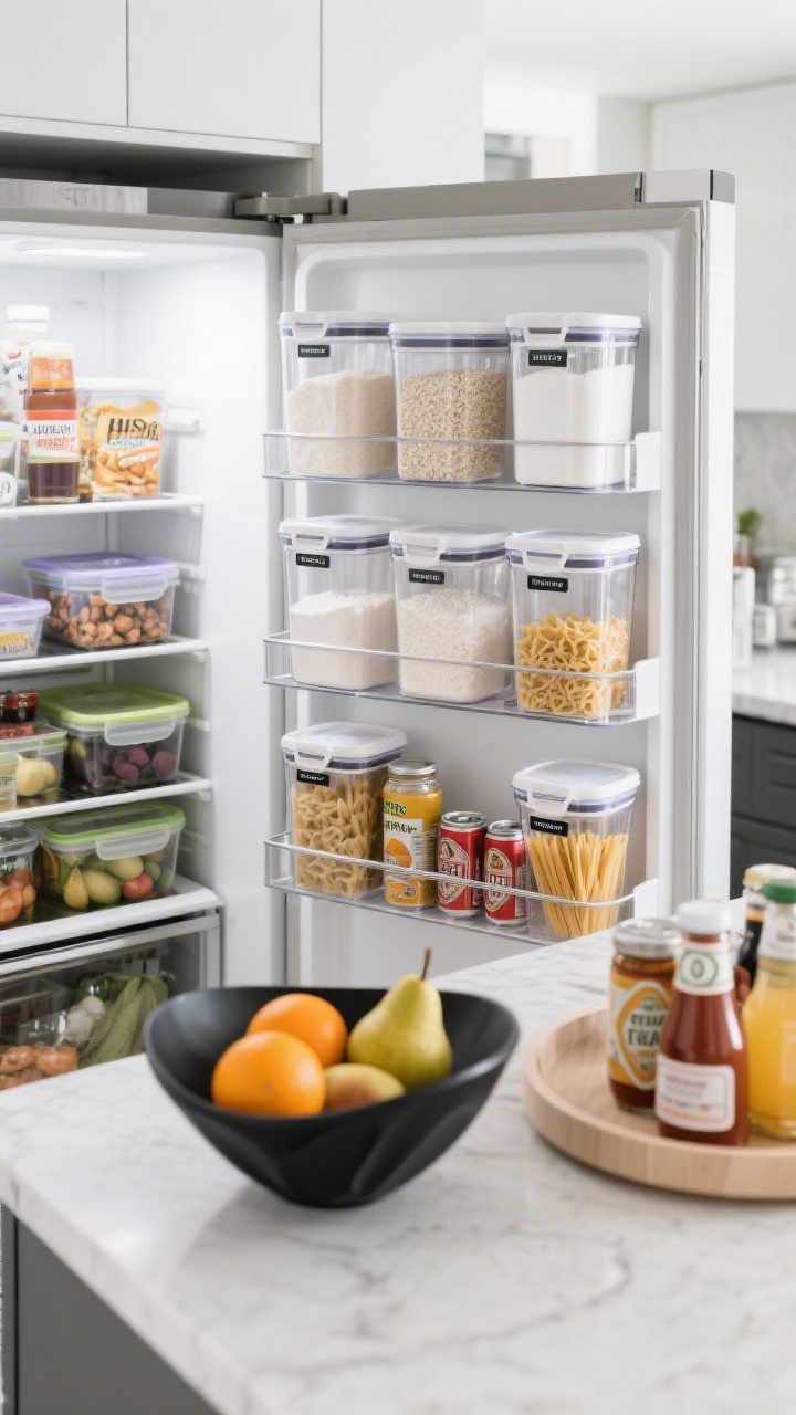Overhead and front hybrid shot of an organized fridge and pantry section: clear airtight containers neatly decanting flour, sugar, rice, and pasta with bold labels; tiered risers elevating cans and jars for visibility; a lazy Susan holding sauces and baking supplies; fridge shelves zoned and labeled—snacks, produce in clear bins, meal-prep containers, and beverages aligned. On the counter, a sculptural matte black fruit bowl with oranges and pears. Bright, clean, photorealistic look.
