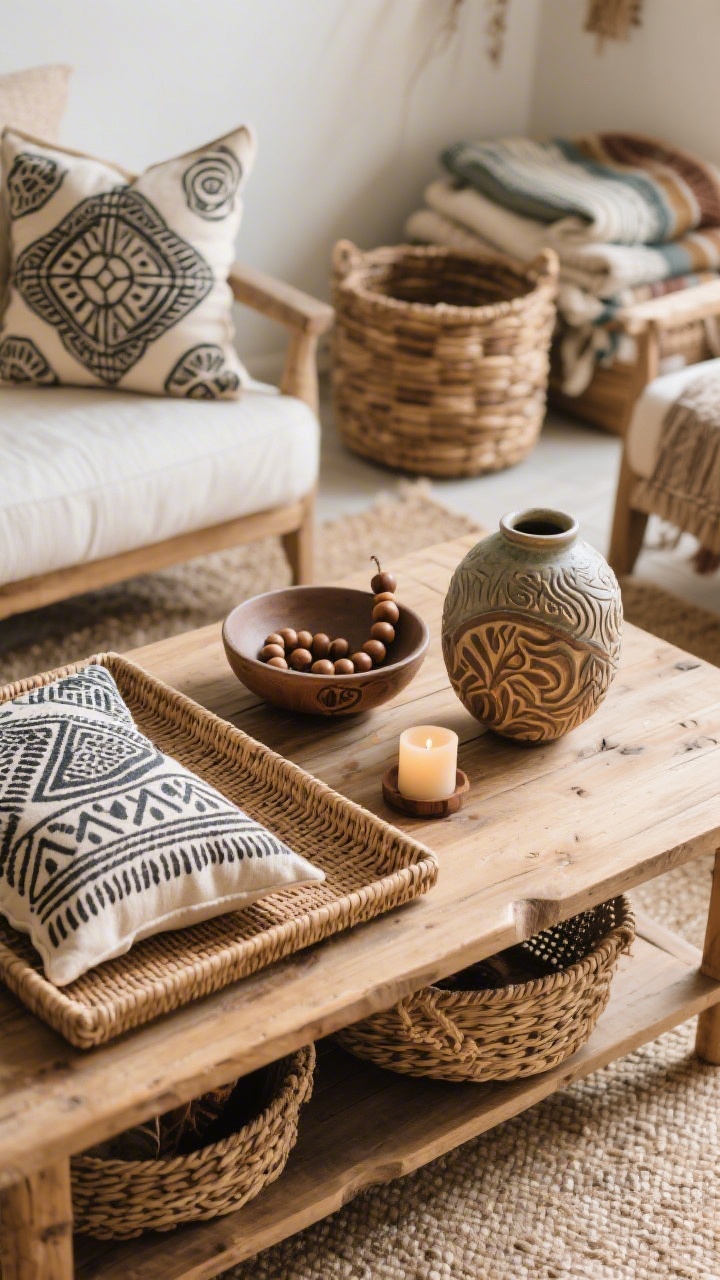 Overhead detail shot of handcrafted and global accents styled on a woven tray: block-printed pillow covers visible at the edge of frame, a hand-thrown ceramic bowl, carved wooden beads, a small candle, and a textured vase on a wood coffee table; baskets for blanket storage on the floor nearby; high-quality, artisan-made feel; soft natural light highlighting materials.