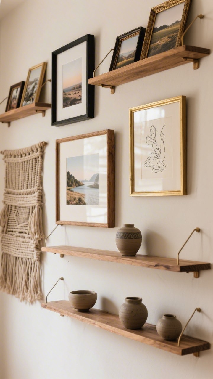 Straight-on detail shot of a curated gallery wall and styled shelves: mixed frame finishes (wood, brass, black) around travel photography, a line drawing, and a small landscape; a woven wall hanging as a tactile element; shelves below displaying ceramics in odd groups of three at varying heights; one larger hero artwork anchoring the composition; soft ambient light for a personal, boho feel.