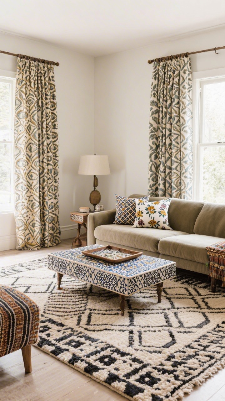 Straight-on medium shot of a curated seating area that celebrates mixed patterns: a large neutral rug as anchor, a bold geometric patterned area rug layered on top, a solid-color sofa with small-scale batik and block-printed floral pillows, medium-scale patterned curtains, and a Moroccan tile-inspired tray on the coffee table; repeated colors across textiles for cohesion; soft ambient daylight.