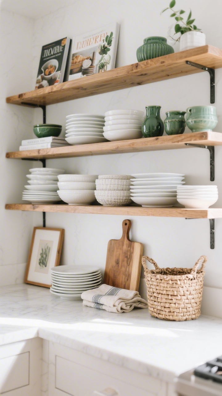 Straight-on medium shot of open kitchen shelves styled like a magazine: central stacks of everyday white plates and bowls, layered with textured elements—standing wood cutting boards, a woven basket, and folded linen napkins. Add a small framed print and a few display-forward cookbooks. Repeat a restrained palette of white, warm wood, and botanical green ceramic pieces, leaving intentional negative space. Bright natural light with gentle shadows to emphasize rhythm and breathing room.