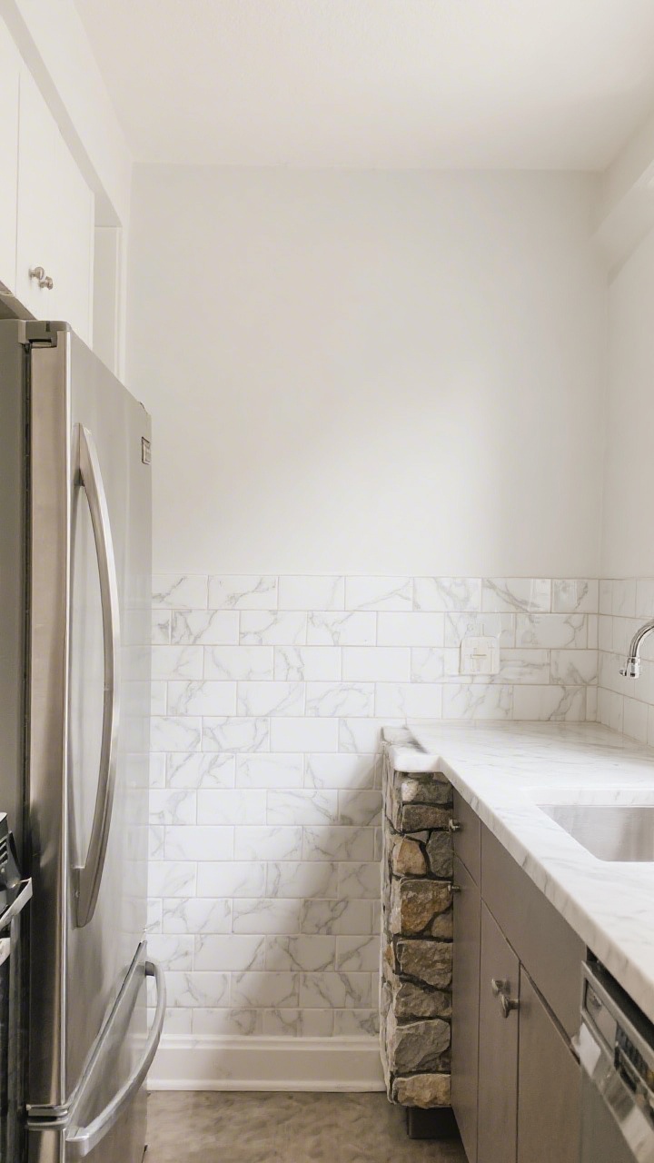 Wide backsplash-focused scene of a renter-friendly peel-and-stick makeover: a small galley kitchen with realistic peel-and-stick zellige-look tiles in soft white, thin grout lines, and a wrapped stainless peel-and-stick finish on an older fridge. Add a stone-look peel-and-stick panel on the island base for contrast. Straight-on view, bright yet diffused daylight to highlight texture and realism, neutral palette with subtle marble veining on the backsplash.