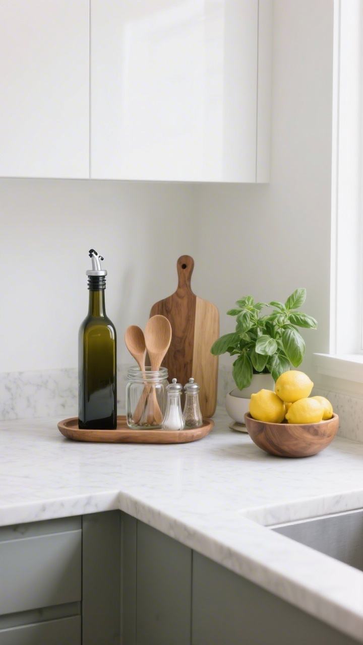 Wide shot of a clean, modern kitchen countertop styled after decluttering: a light quartz counter with only three grouped items on a small wooden tray—tall matte glass olive oil bottle, medium clear jar of wooden spoons, and a low oiled oak cutting board—plus a single fresh basil plant and a bowl of bright lemons. Mix heights intentionally, use a lazy Susan to corral salt and pepper grinders, straight-on angle, soft morning natural light from a side window, airy and intentional with plenty of negative space.