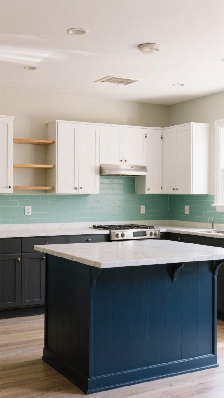Wide shot of a painted kitchen transformation: two-tone cabinets with darker charcoal lowers and lighter warm white uppers to lift the ceiling; a statement island in deep navy with satin finish; open shelves with the back panel painted a playful sage for a pop. Include a note of renter-friendly faux-paint via solid-color peel-and-stick panels on one end cabinet. Semi-gloss sheen on cabinets, eggshell walls, balanced daylight showing color depth and custom feel.