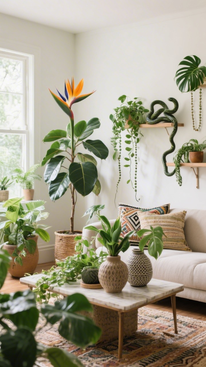 Wide shot of a plant-filled sanctuary living room: a bird of paradise and rubber tree as statement floor plants, trailing pothos and string of pearls on wall hangers and shelves, snake plant and ZZ plant for sculptural contrast; textured vases on a low table; layered greenery at varying heights to feel lush; bright, filtered natural light enhancing fresh greens; boho decor accents, no people.