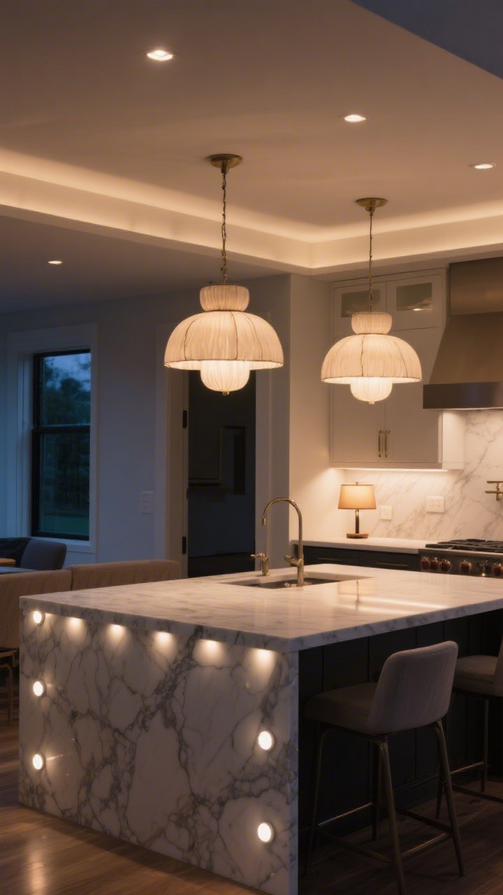 Wide shot showing layered lighting in a kitchen: under-cabinet stick-on LED puck lights illuminating a marble-look counter for task lighting, ambient 2700–3000K bulbs casting a warm even glow across the room, and two oversized statement pendants above an island for drama. Include a tiny table lamp on the counter in a corner for extra coziness. Slight corner angle to capture all layers, evening setting with lights on for inviting ambiance.